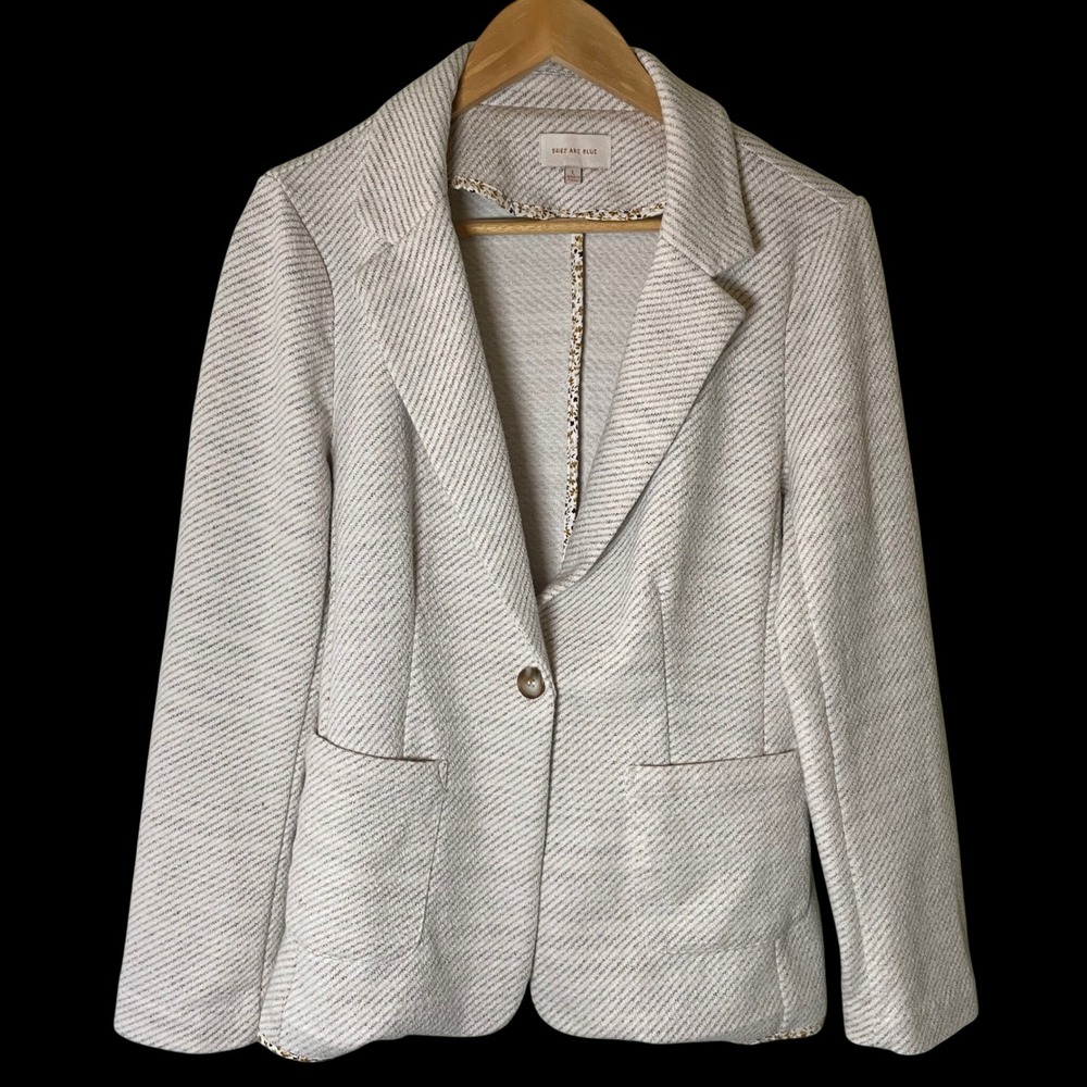 Skies Are Blue Womens Knit Blazer Size L Single Button Cream Quiet Luxury Office